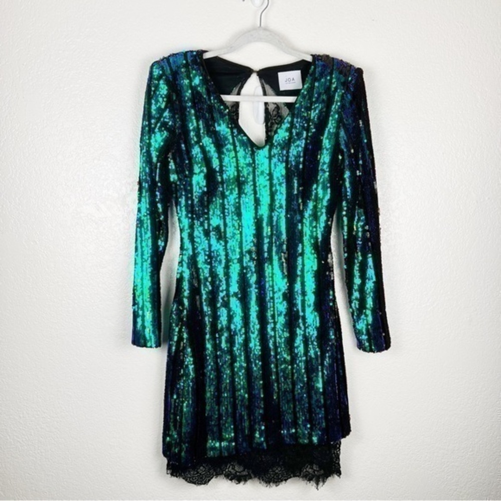 J.O.A. Blue Green Sequin Lace Detail Long Sleeve Mini Dress Size XS